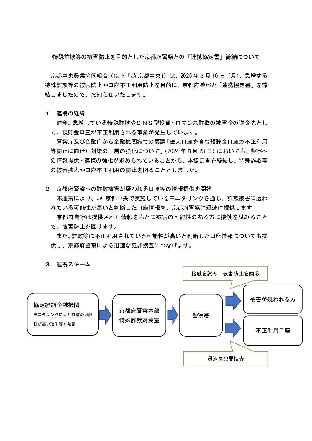 特殊詐欺等の被害防止を目的とした京都府警察との「連携協定書